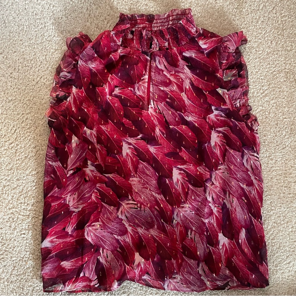 White House Black Market Red Feather Print Sleeveless Blouse